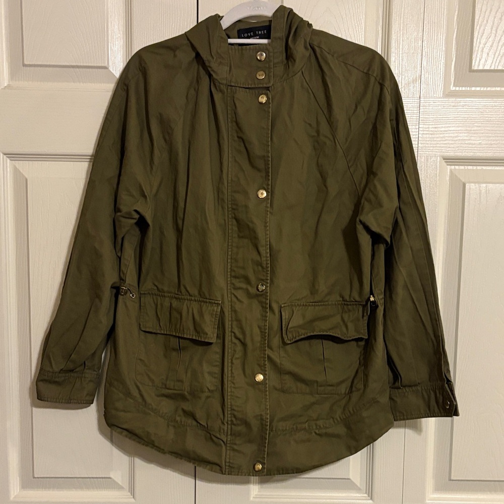Love Tree Women’s Olive Green Utility Jacket hooded 100% cotton Med Adjustable